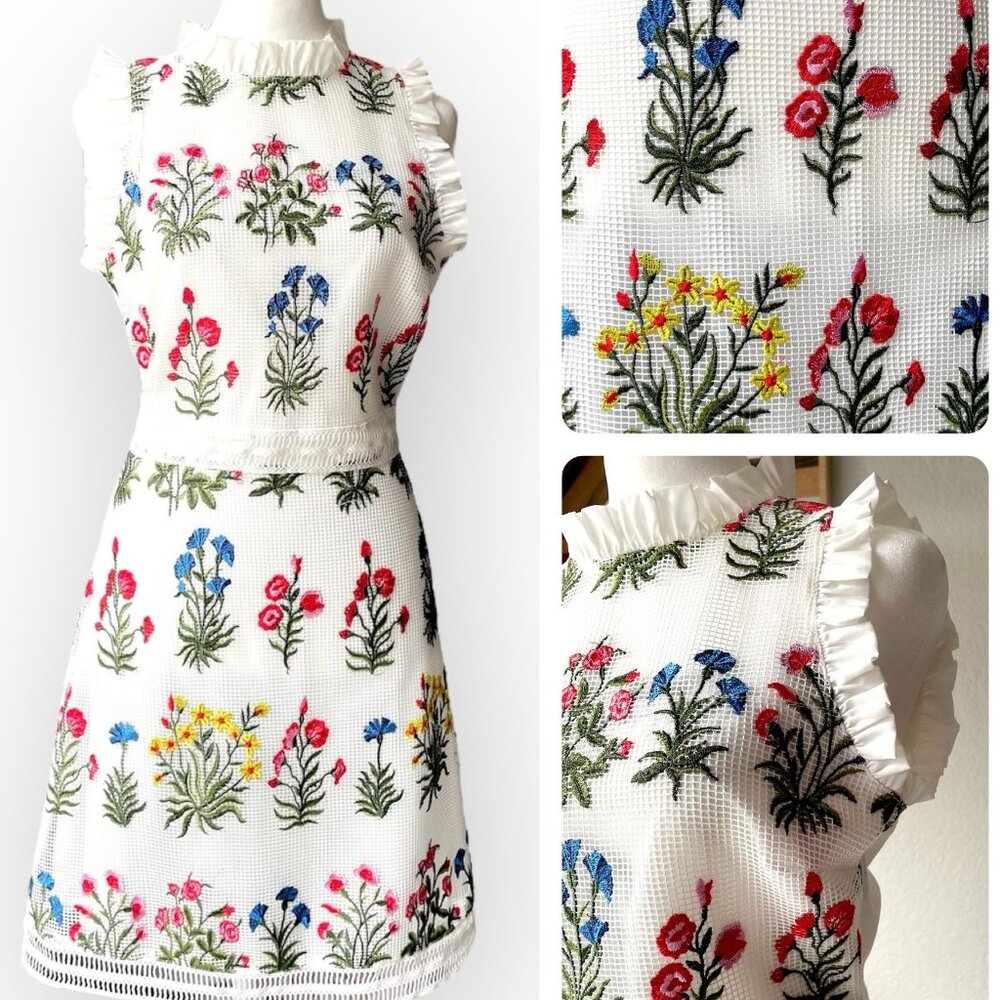 Lucy Paris White Mesh Embroidered Spring Floral Dress With Ruffle Detail